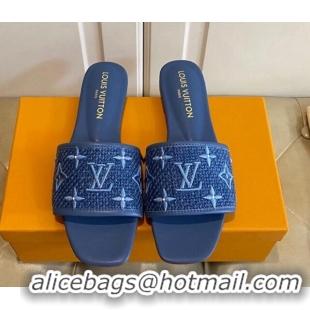 Best Grade Louis Vuitton Wove Fabric Flat Slide Sandals Navy Blue 711133