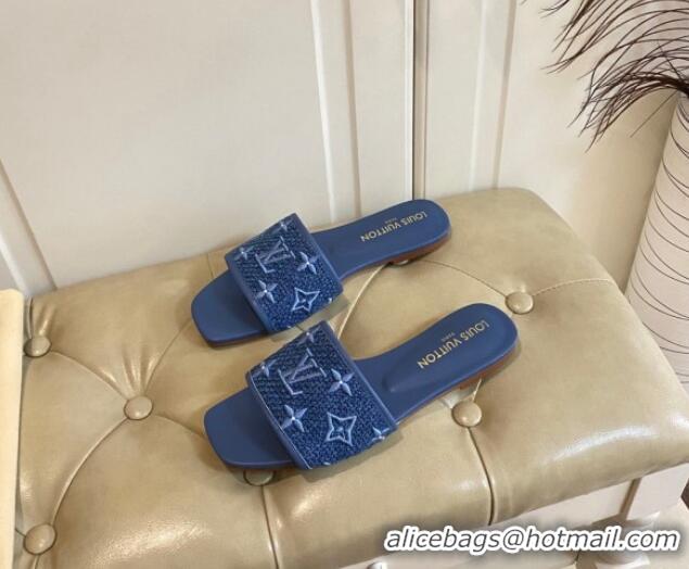 Best Grade Louis Vuitton Wove Fabric Flat Slide Sandals Navy Blue 711133