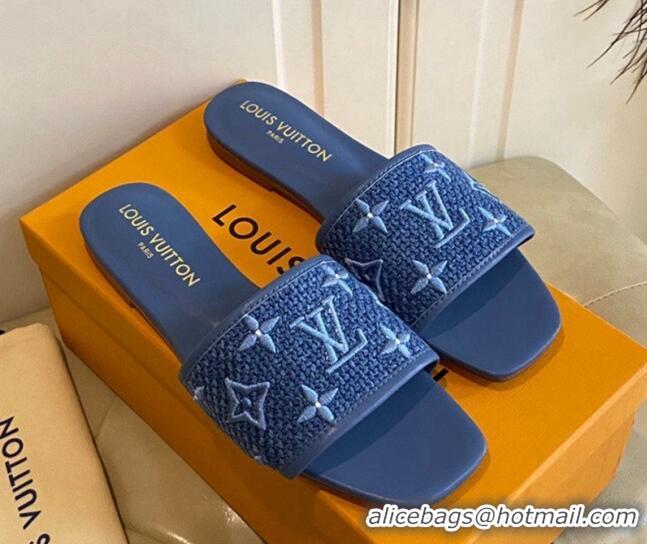 Best Grade Louis Vuitton Wove Fabric Flat Slide Sandals Navy Blue 711133