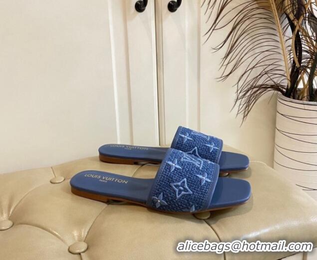 Best Grade Louis Vuitton Wove Fabric Flat Slide Sandals Navy Blue 711133