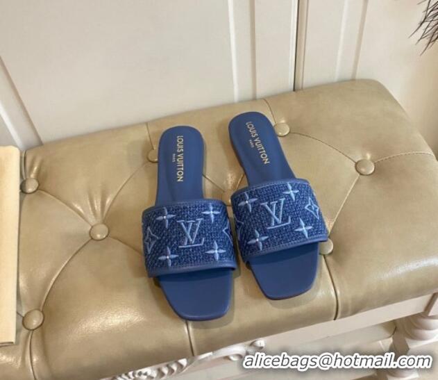 Best Grade Louis Vuitton Wove Fabric Flat Slide Sandals Navy Blue 711133