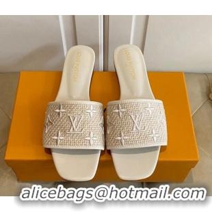 Top Grade Louis Vuitton Wove Fabric Flat Slide Sandals Beige 711135