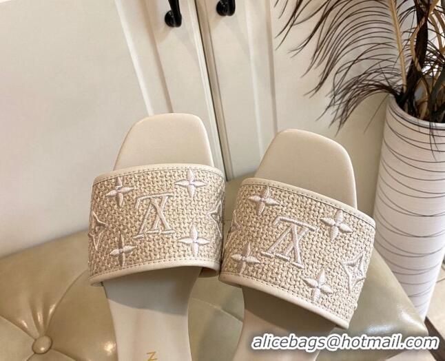 Top Grade Louis Vuitton Wove Fabric Flat Slide Sandals Beige 711135