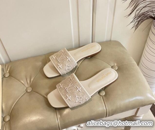 Top Grade Louis Vuitton Wove Fabric Flat Slide Sandals Beige 711135