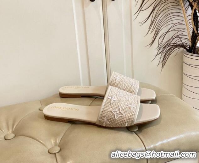 Top Grade Louis Vuitton Wove Fabric Flat Slide Sandals Beige 711135