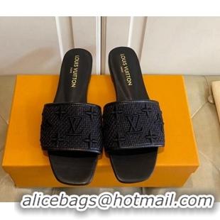 Good Quality Louis Vuitton Wove Fabric Flat Slide Sandals Black 711136