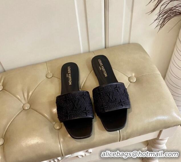 Good Quality Louis Vuitton Wove Fabric Flat Slide Sandals Black 711136