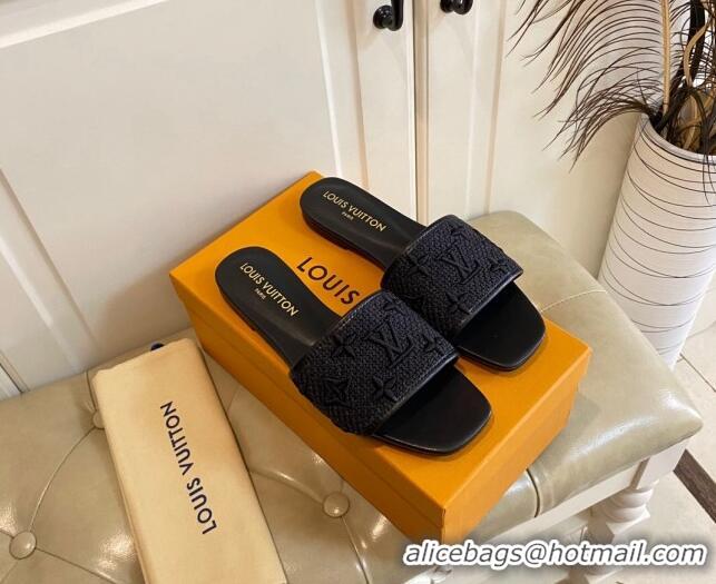 Good Quality Louis Vuitton Wove Fabric Flat Slide Sandals Black 711136