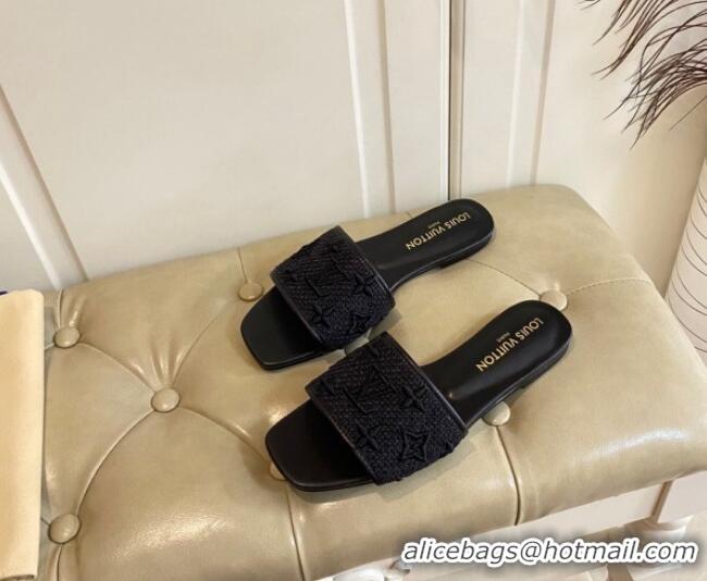 Good Quality Louis Vuitton Wove Fabric Flat Slide Sandals Black 711136