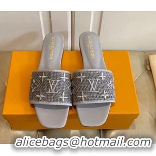 Good Looking Louis Vuitton Wove Fabric Flat Slide Sandals Grey 711138