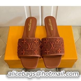 Good Product Louis Vuitton Wove Fabric Flat Slide Sandals Brown 711139