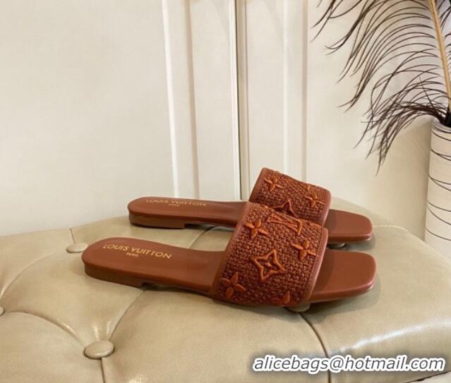 Good Product Louis Vuitton Wove Fabric Flat Slide Sandals Brown 711139