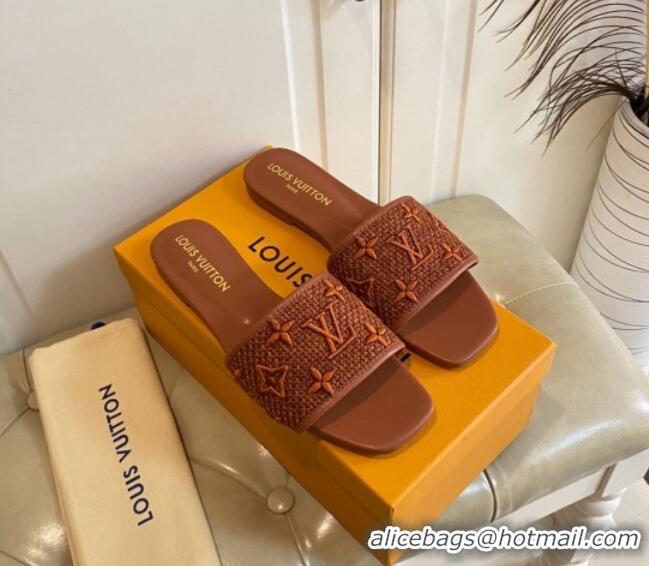 Good Product Louis Vuitton Wove Fabric Flat Slide Sandals Brown 711139