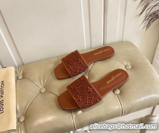 Good Product Louis Vuitton Wove Fabric Flat Slide Sandals Brown 711139