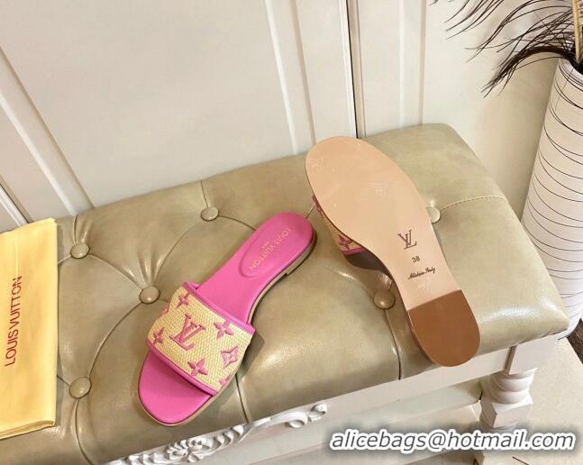 Unique Style Louis Vuitton Flat Slide Sandals in Straw and Lambskin Pink 711140