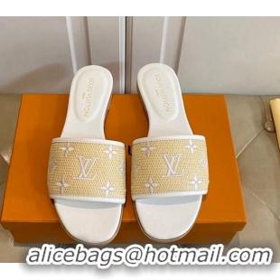 Grade Quality Louis Vuitton Flat Slide Sandals in Straw and Lambskin White 711141