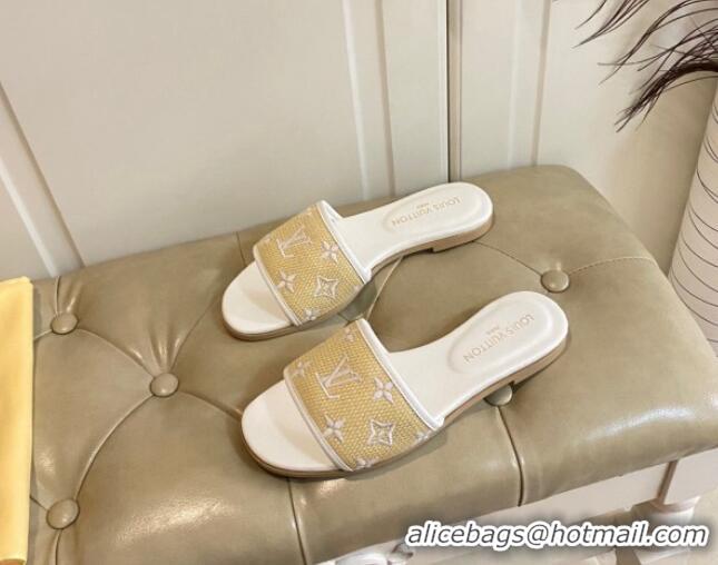 Grade Quality Louis Vuitton Flat Slide Sandals in Straw and Lambskin White 711141