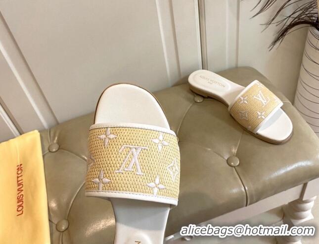 Grade Quality Louis Vuitton Flat Slide Sandals in Straw and Lambskin White 711141