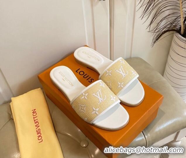 Grade Quality Louis Vuitton Flat Slide Sandals in Straw and Lambskin White 711141