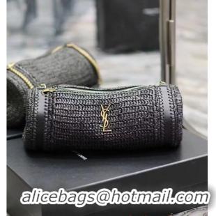 Good Quality SAINT LAURENT SADE SMALL TUBE BAG IN RAFFIA AND LEATHER Y996704 BLACK