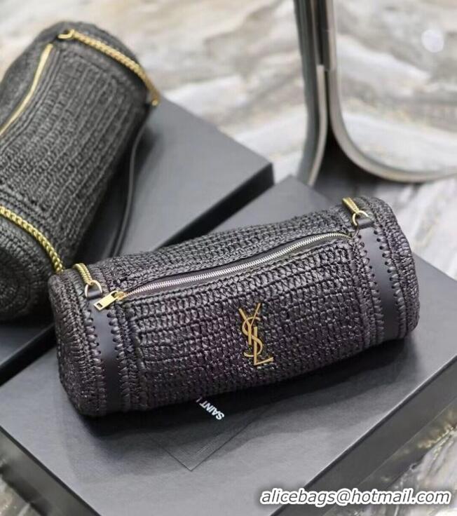 Good Quality SAINT LAURENT SADE SMALL TUBE BAG IN RAFFIA AND LEATHER Y996704 BLACK