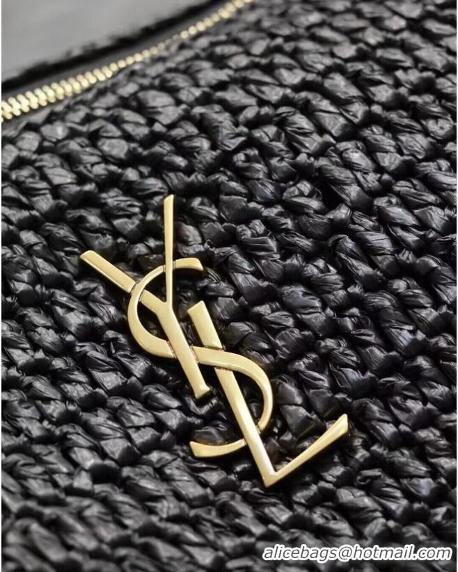 Good Quality SAINT LAURENT SADE SMALL TUBE BAG IN RAFFIA AND LEATHER Y996704 BLACK