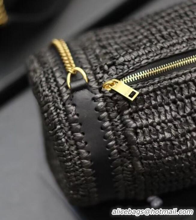 Good Quality SAINT LAURENT SADE SMALL TUBE BAG IN RAFFIA AND LEATHER Y996704 BLACK