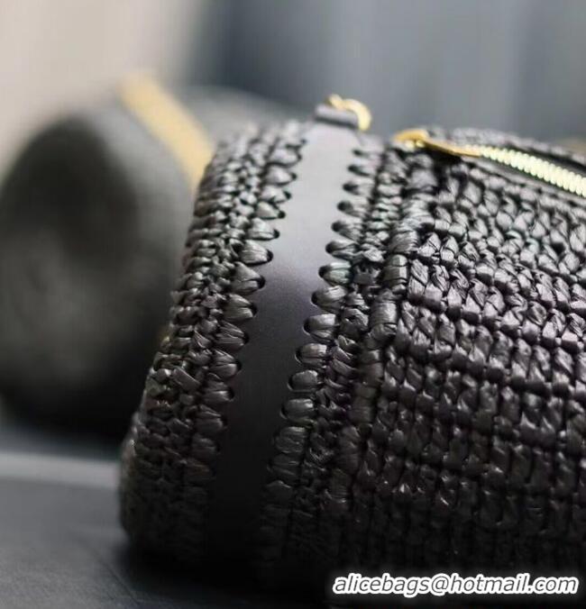 Good Quality SAINT LAURENT SADE SMALL TUBE BAG IN RAFFIA AND LEATHER Y996704 BLACK