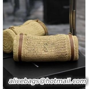 Famous Brand SAINT LAURENT SADE SMALL TUBE BAG IN RAFFIA AND LEATHER Y996704 apricot