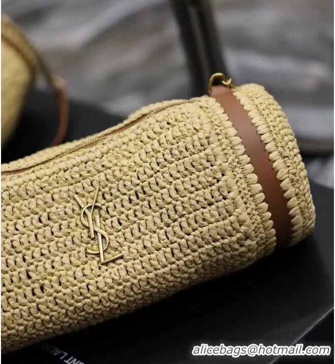 Famous Brand SAINT LAURENT SADE SMALL TUBE BAG IN RAFFIA AND LEATHER Y996704 apricot