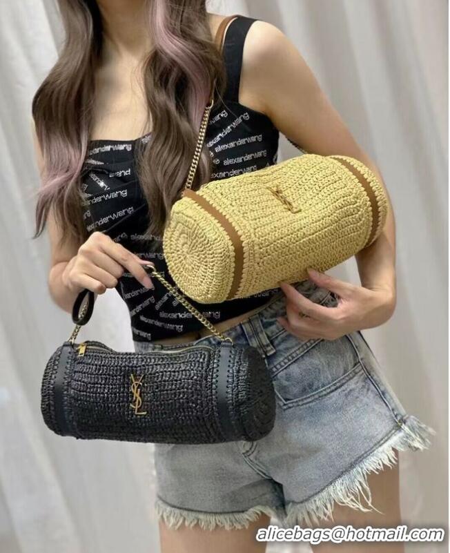 Famous Brand SAINT LAURENT SADE SMALL TUBE BAG IN RAFFIA AND LEATHER Y996704 apricot