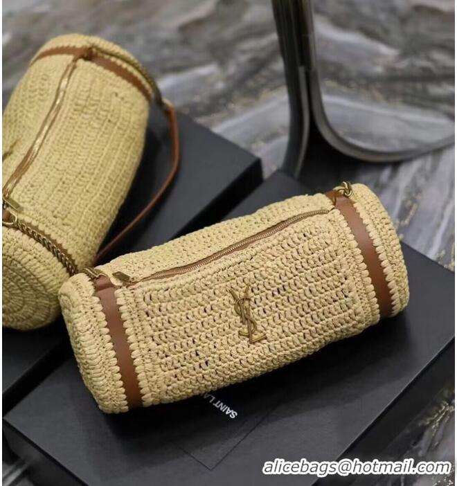 Famous Brand SAINT LAURENT SADE SMALL TUBE BAG IN RAFFIA AND LEATHER Y996704 apricot