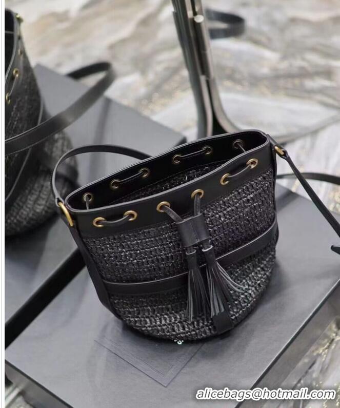 Super Quality SAINT LAURENT IN RAFFIA AND LEATHER Shoulder Bag Y998223 BLACK