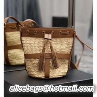 Good Product SAINT LAURENT IN RAFFIA AND LEATHER Shoulder Bag Y998223 Apricot