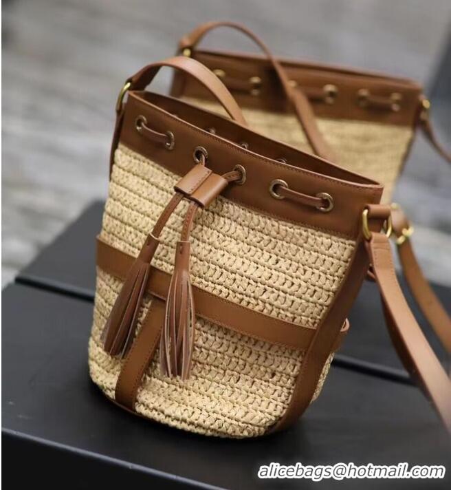 Good Product SAINT LAURENT IN RAFFIA AND LEATHER Shoulder Bag Y998223 Apricot