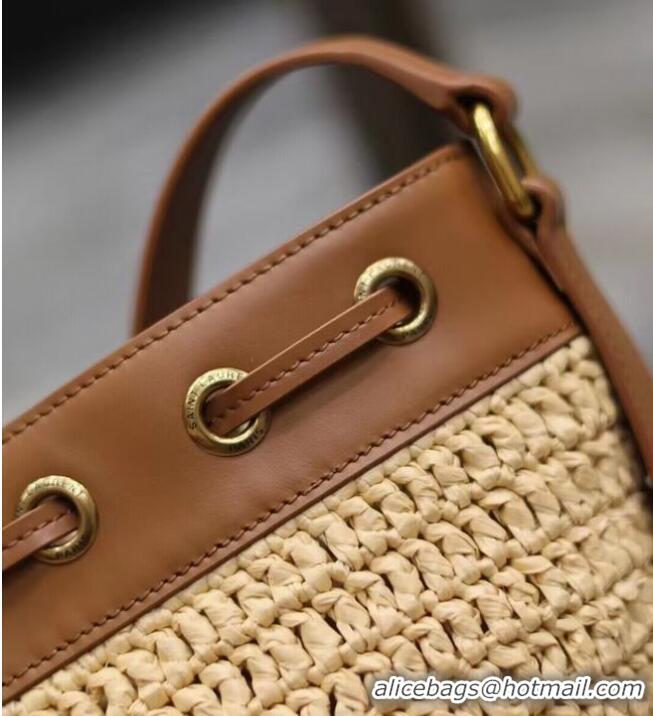 Good Product SAINT LAURENT IN RAFFIA AND LEATHER Shoulder Bag Y998223 Apricot