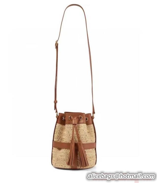 Good Product SAINT LAURENT IN RAFFIA AND LEATHER Shoulder Bag Y998223 Apricot