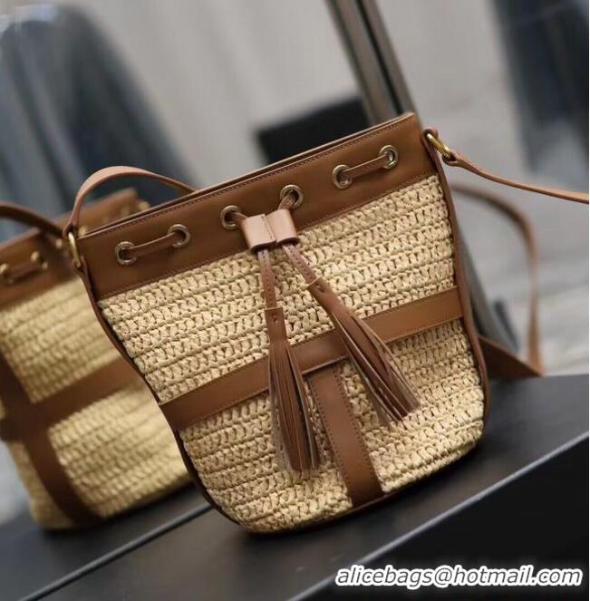 Good Product SAINT LAURENT IN RAFFIA AND LEATHER Shoulder Bag Y998223 Apricot