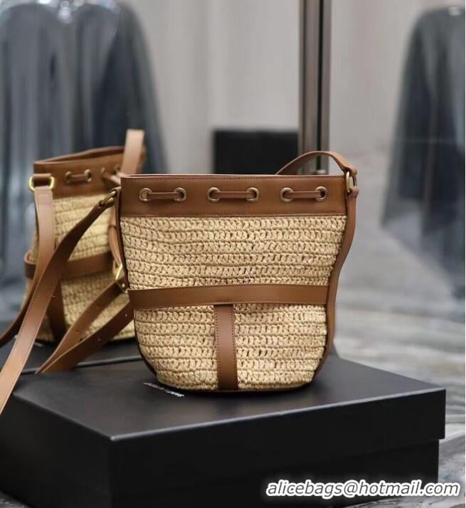 Good Product SAINT LAURENT IN RAFFIA AND LEATHER Shoulder Bag Y998223 Apricot