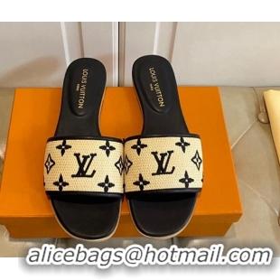 Pretty Style Louis Vuitton Flat Slide Sandals in Straw and Lambskin Black 711142