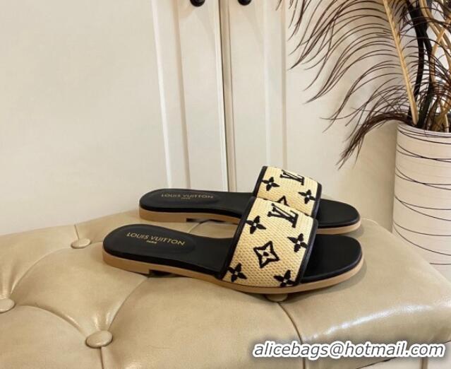 Pretty Style Louis Vuitton Flat Slide Sandals in Straw and Lambskin Black 711142