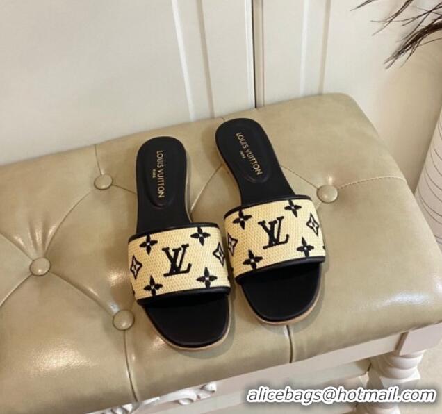 Pretty Style Louis Vuitton Flat Slide Sandals in Straw and Lambskin Black 711142