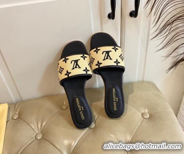 Pretty Style Louis Vuitton Flat Slide Sandals in Straw and Lambskin Black 711142