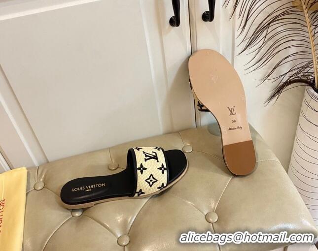 Pretty Style Louis Vuitton Flat Slide Sandals in Straw and Lambskin Black 711142