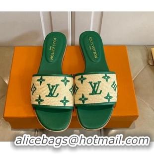 Low Cost Louis Vuitton Flat Slide Sandals in Straw and Lambskin Green 711143