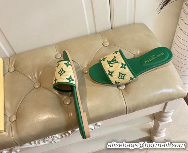 Low Cost Louis Vuitton Flat Slide Sandals in Straw and Lambskin Green 711143