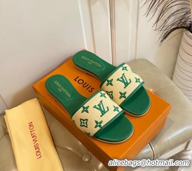 Low Cost Louis Vuitton Flat Slide Sandals in Straw and Lambskin Green 711143