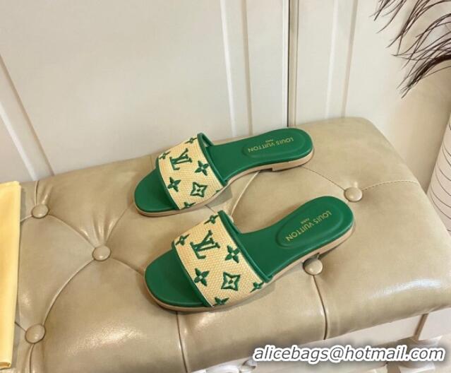 Low Cost Louis Vuitton Flat Slide Sandals in Straw and Lambskin Green 711143