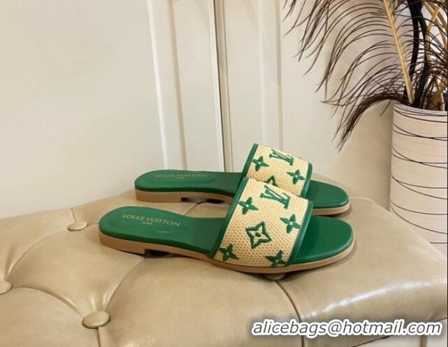 Low Cost Louis Vuitton Flat Slide Sandals in Straw and Lambskin Green 711143