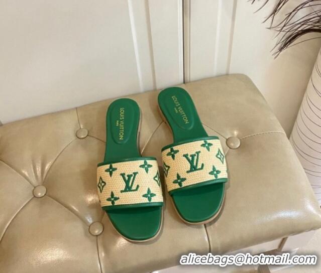 Low Cost Louis Vuitton Flat Slide Sandals in Straw and Lambskin Green 711143